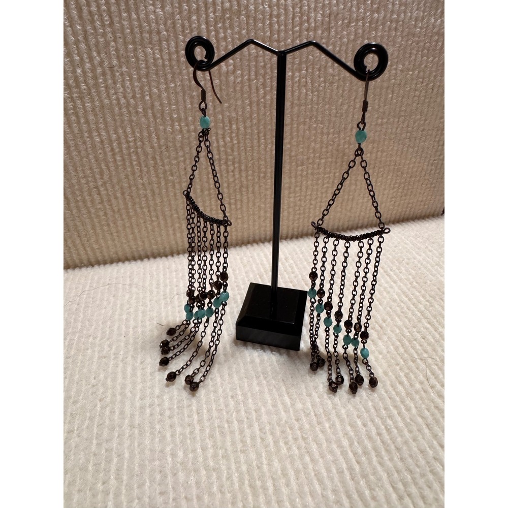 Boho Turquoise Brown Beaded Long Chain Fringe Shoulder Duster Earrings Bronze